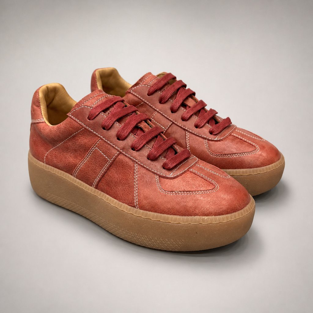 Rust platform sneaker pair three-quarter view showing a lace-up upper and raised platform sole
