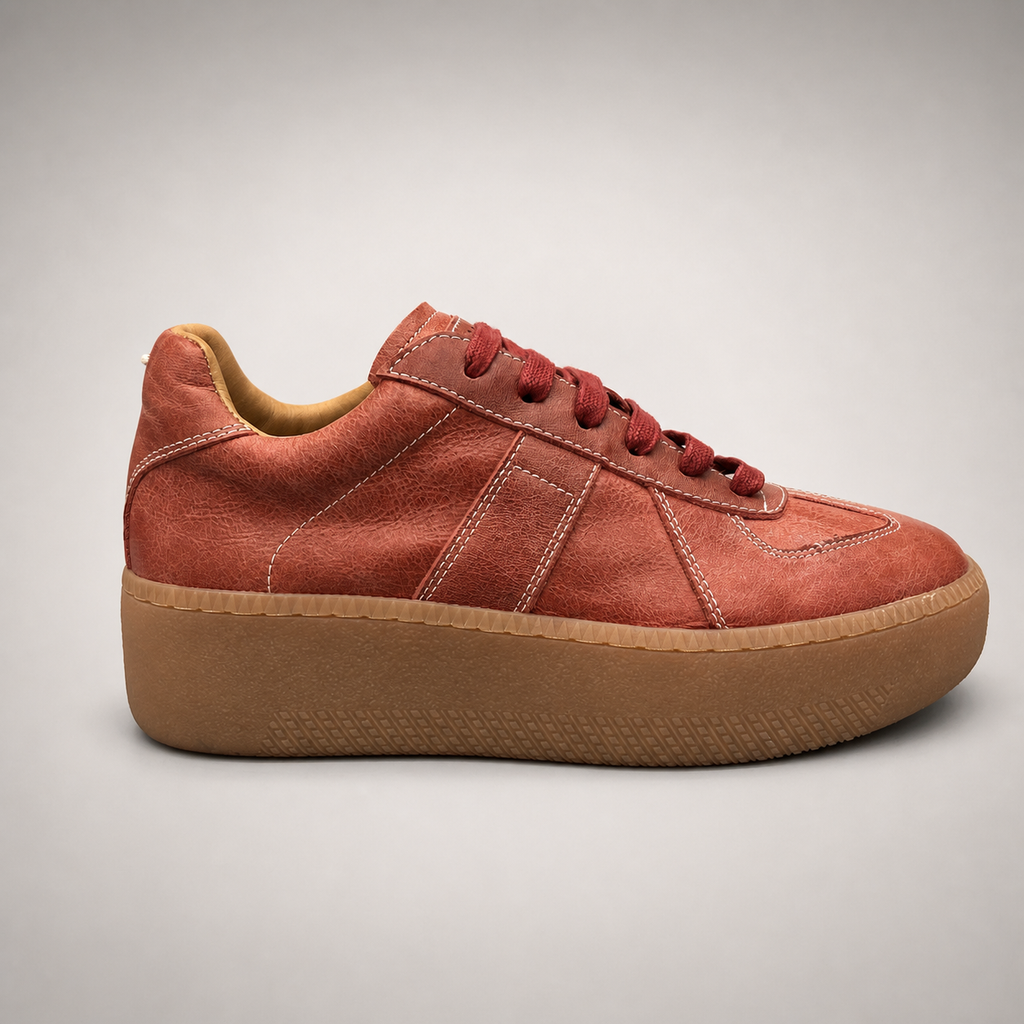 Rust platform sneaker side profile showing a lace-up upper and raised platform sole