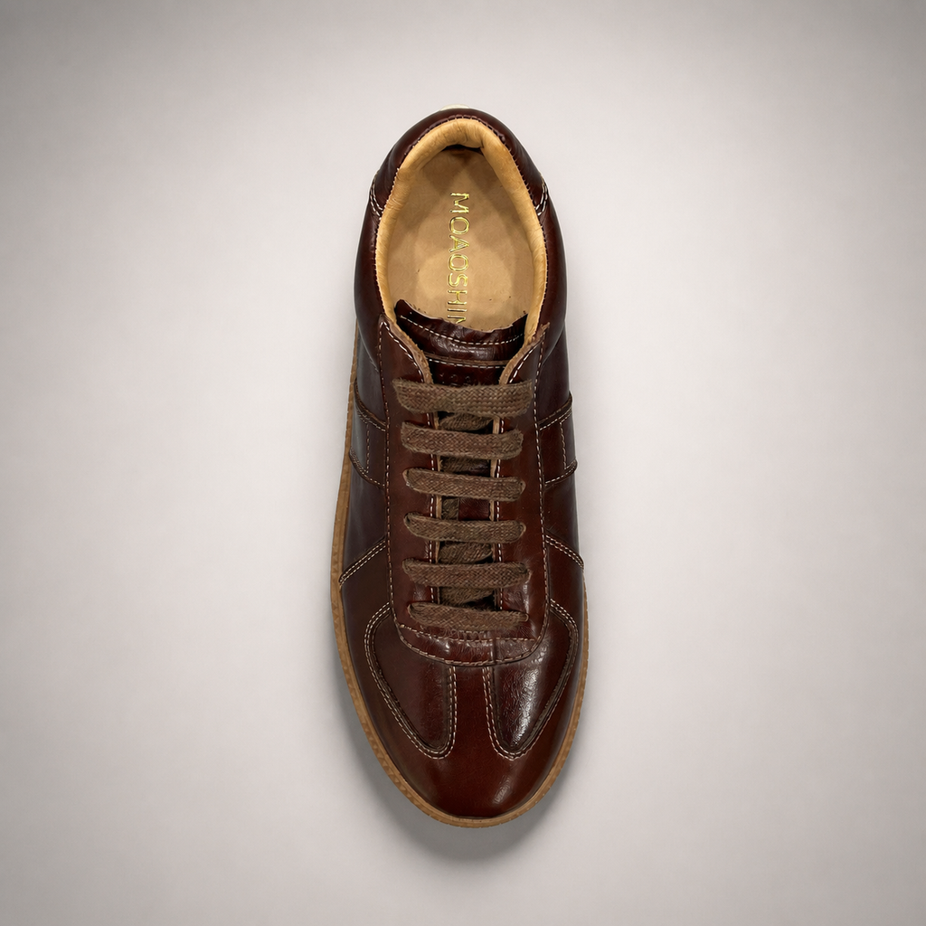 Brown platform sneaker top view showing a lace-up upper and raised platform sole