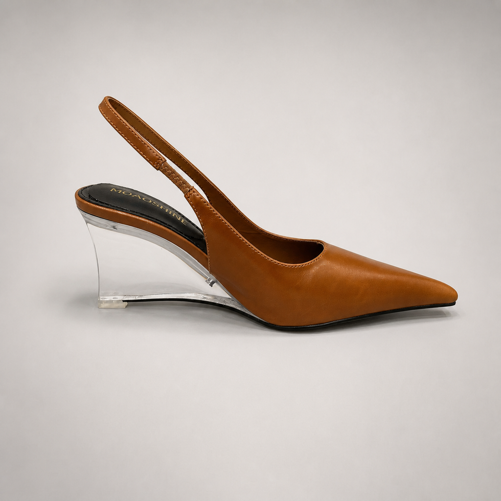 Brown wedge slingback pump side profile showing a pointed toe, slingback strap, and clear wedge heel