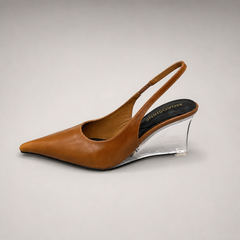 Brown wedge slingback pump opposite side profile showing a pointed toe, slingback strap, and clear wedge heel
