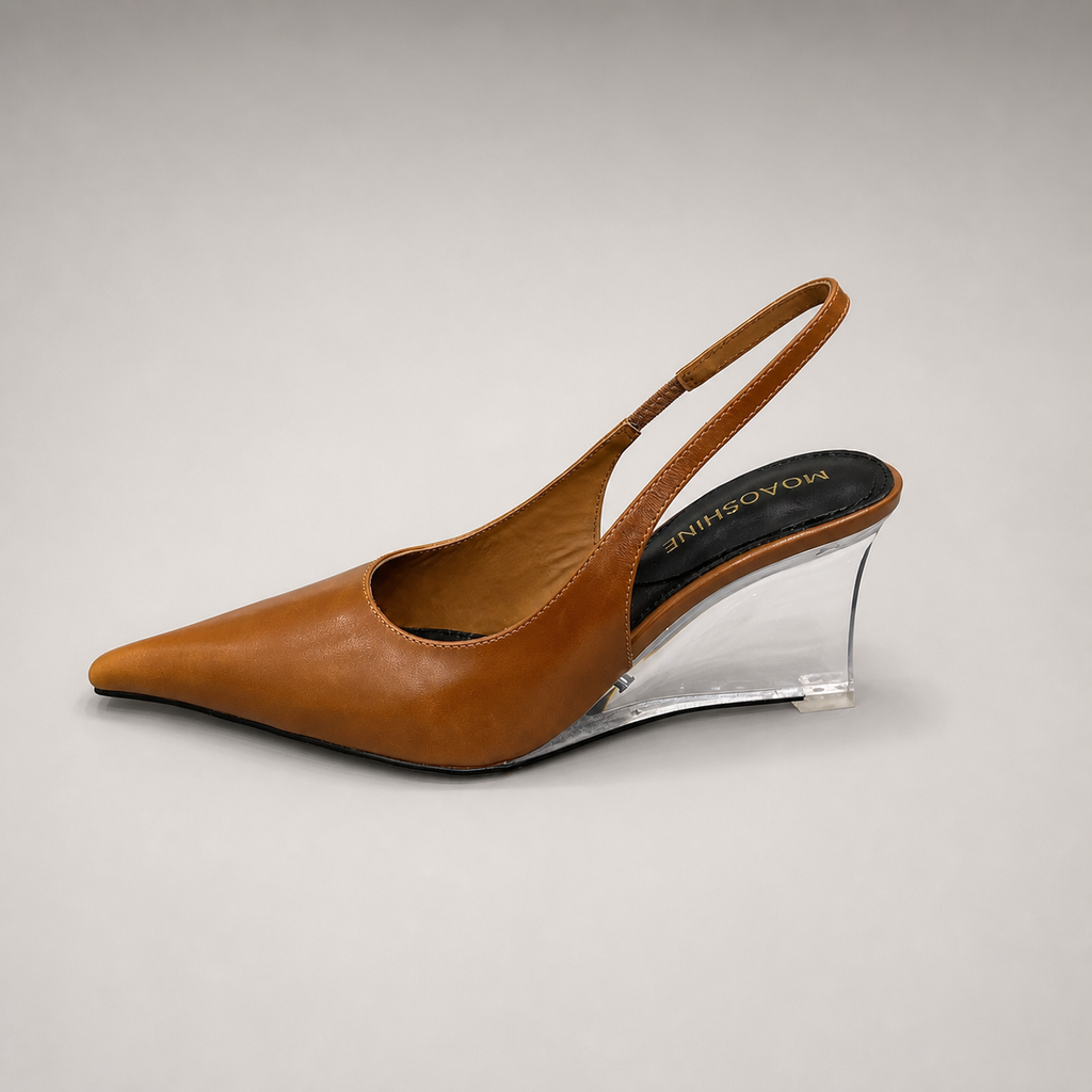 Brown wedge slingback pump opposite side profile showing a pointed toe, slingback strap, and clear wedge heel