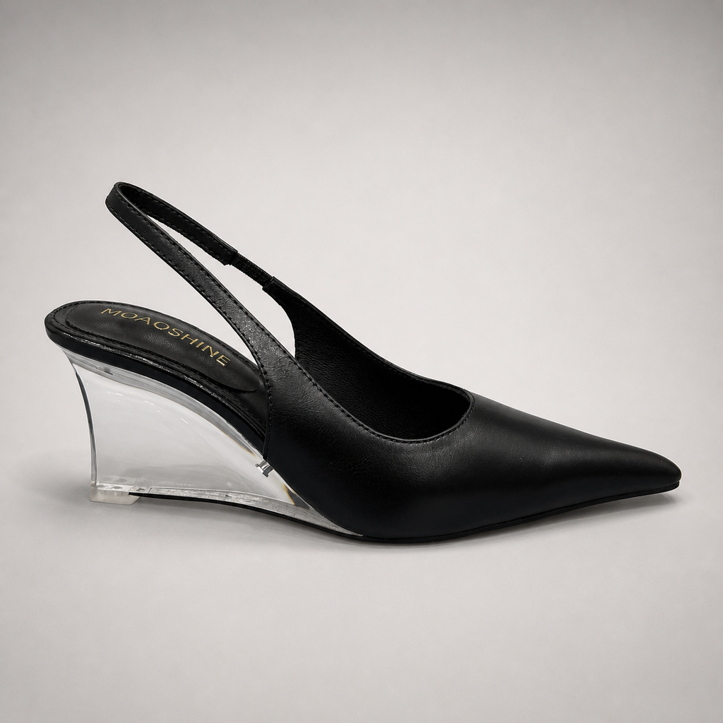 Black wedge slingback pump side profile showing a pointed toe, slingback strap, and clear wedge heel