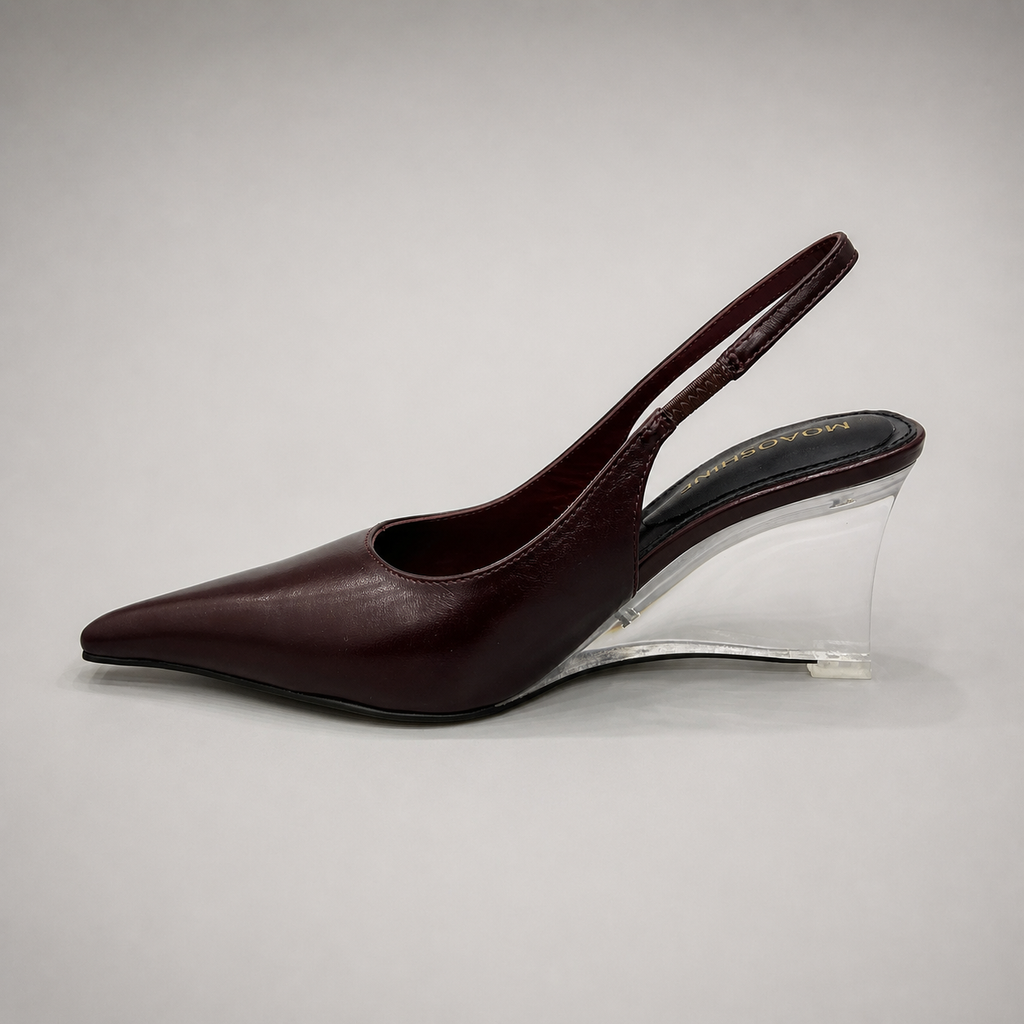 Burgundy wedge slingback pump opposite side profile showing a pointed toe, slingback strap, and clear wedge heel