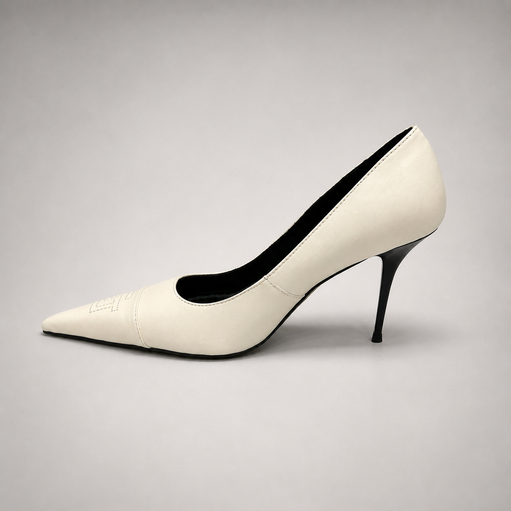 White pump opposite side profile showing a pointed toe