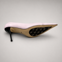 Pink pump outsole view showing the cow leather outsole