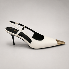 White slingback pump side profile showing a pointed toe, slingback strap, and metal toe cap