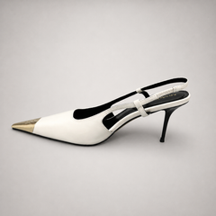 White slingback pump opposite side profile showing a pointed toe, slingback strap, and metal toe cap