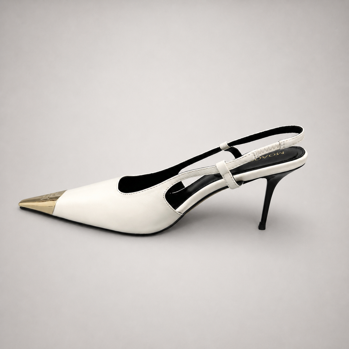White slingback pump opposite side profile showing a pointed toe, slingback strap, and metal toe cap