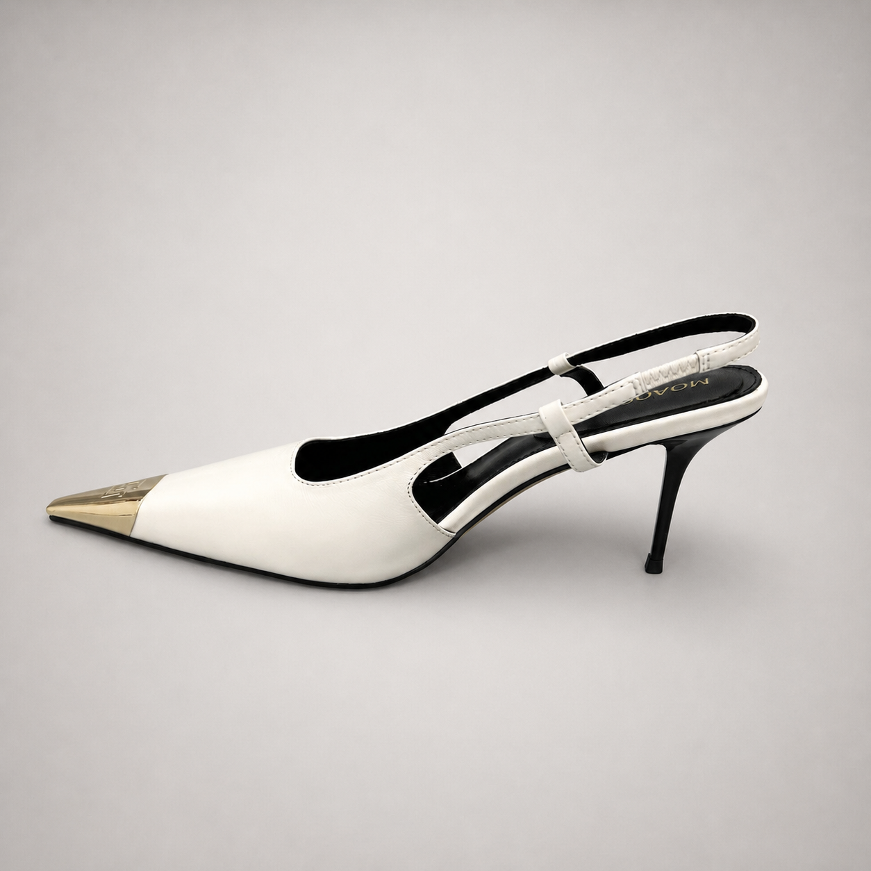 White slingback pump opposite side profile showing a pointed toe, slingback strap, and metal toe cap