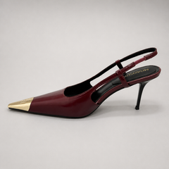 Burgundy slingback pump opposite side profile showing a pointed toe, slingback strap, and metal toe cap