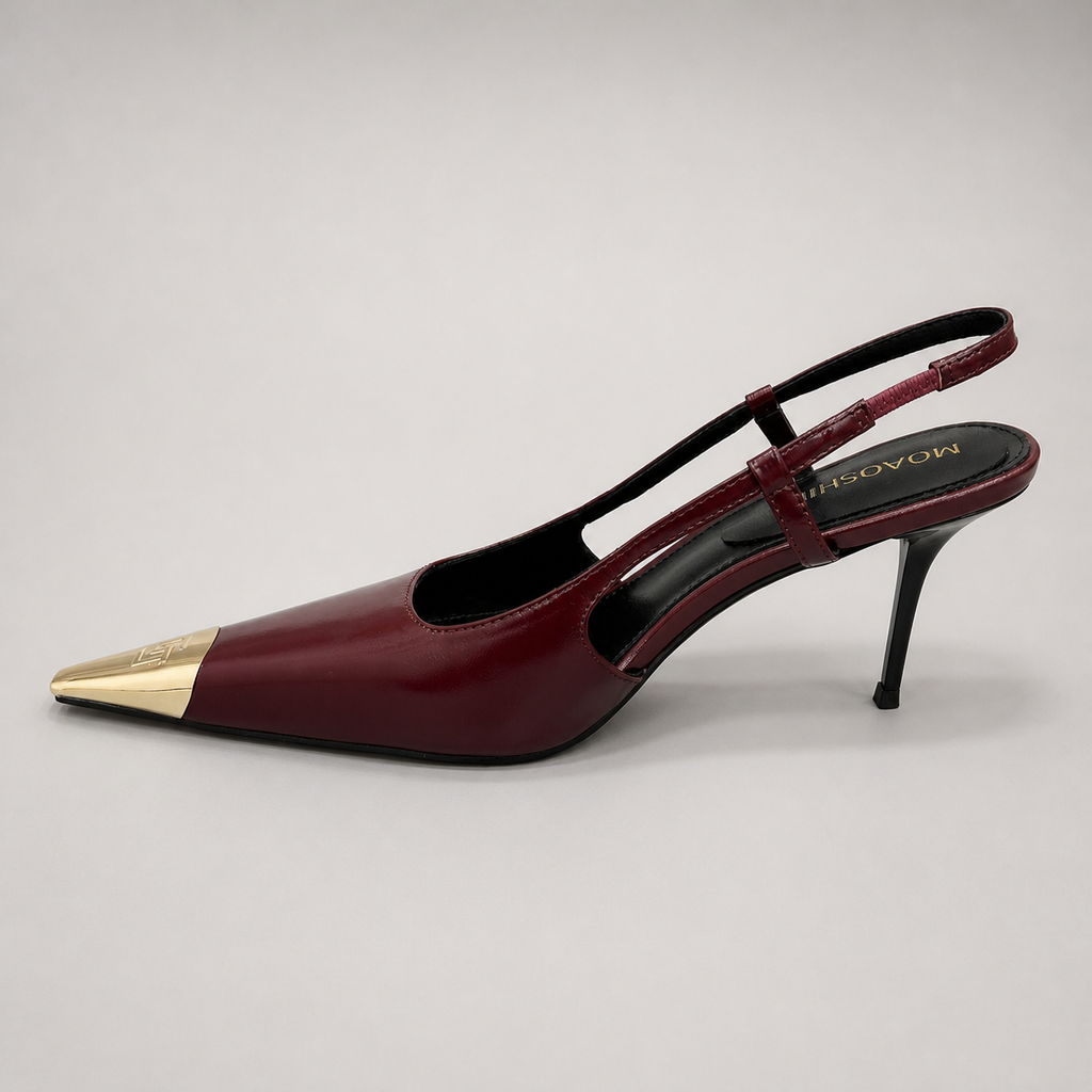 Burgundy slingback pump opposite side profile showing a pointed toe, slingback strap, and metal toe cap
