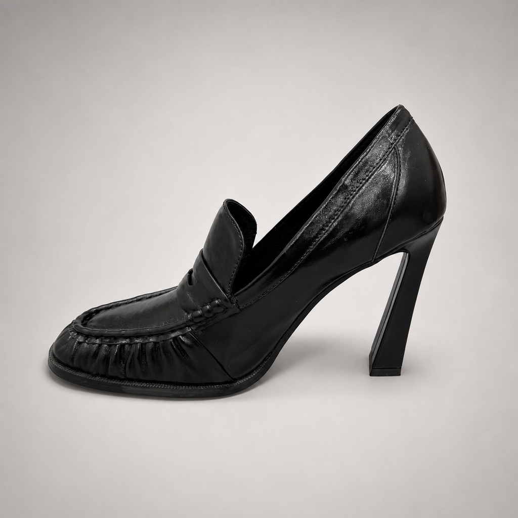 Black high-heeled loafer opposite side profile showing a loafer-inspired vamp and block heel