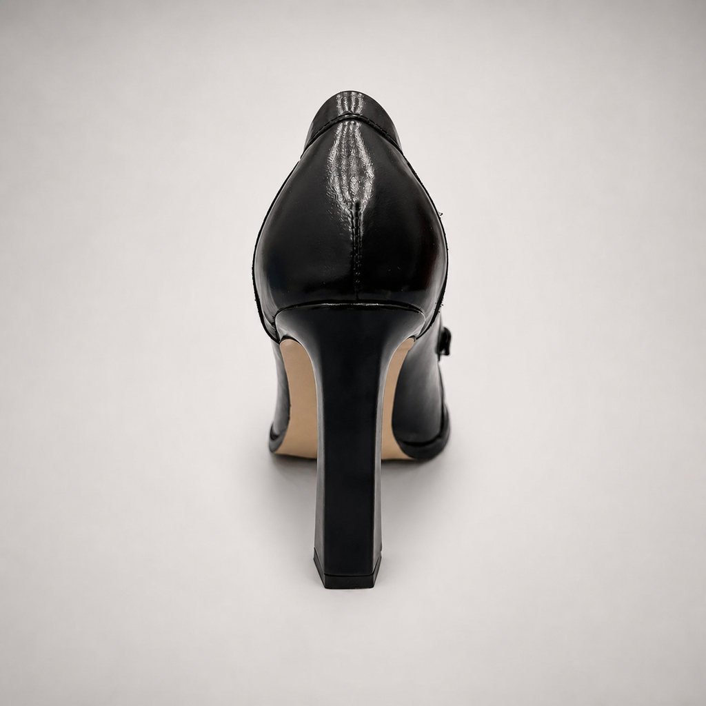 Black high-heeled loafer outsole view showing the cow leather outsole