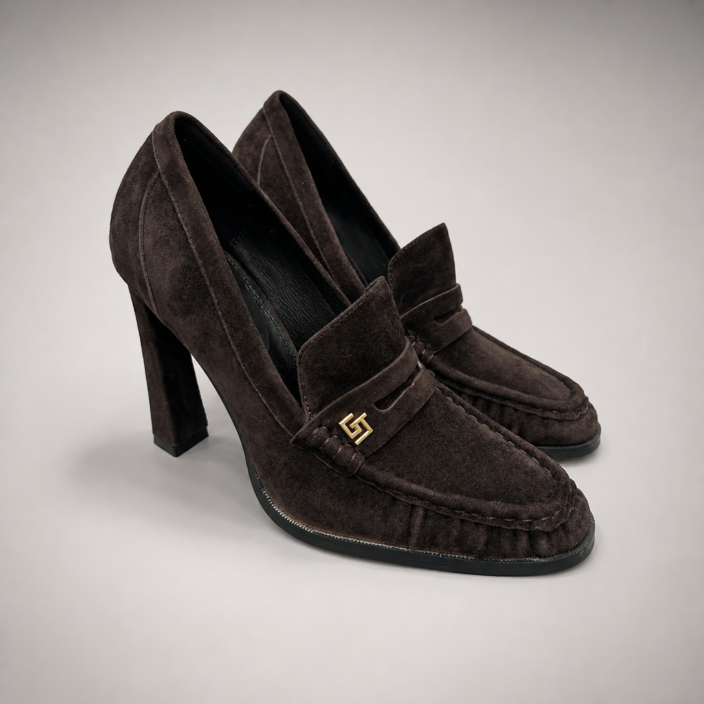 Dark Brown high-heeled loafer pair three-quarter view showing a loafer-inspired vamp and block heel