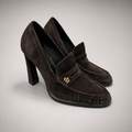 Dark Brown high-heeled loafer pair three-quarter view showing a loafer-inspired vamp and block heel