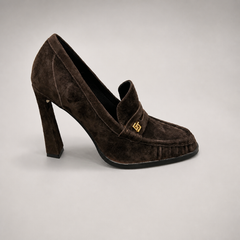 Dark Brown high-heeled loafer side profile showing a loafer-inspired vamp and block heel