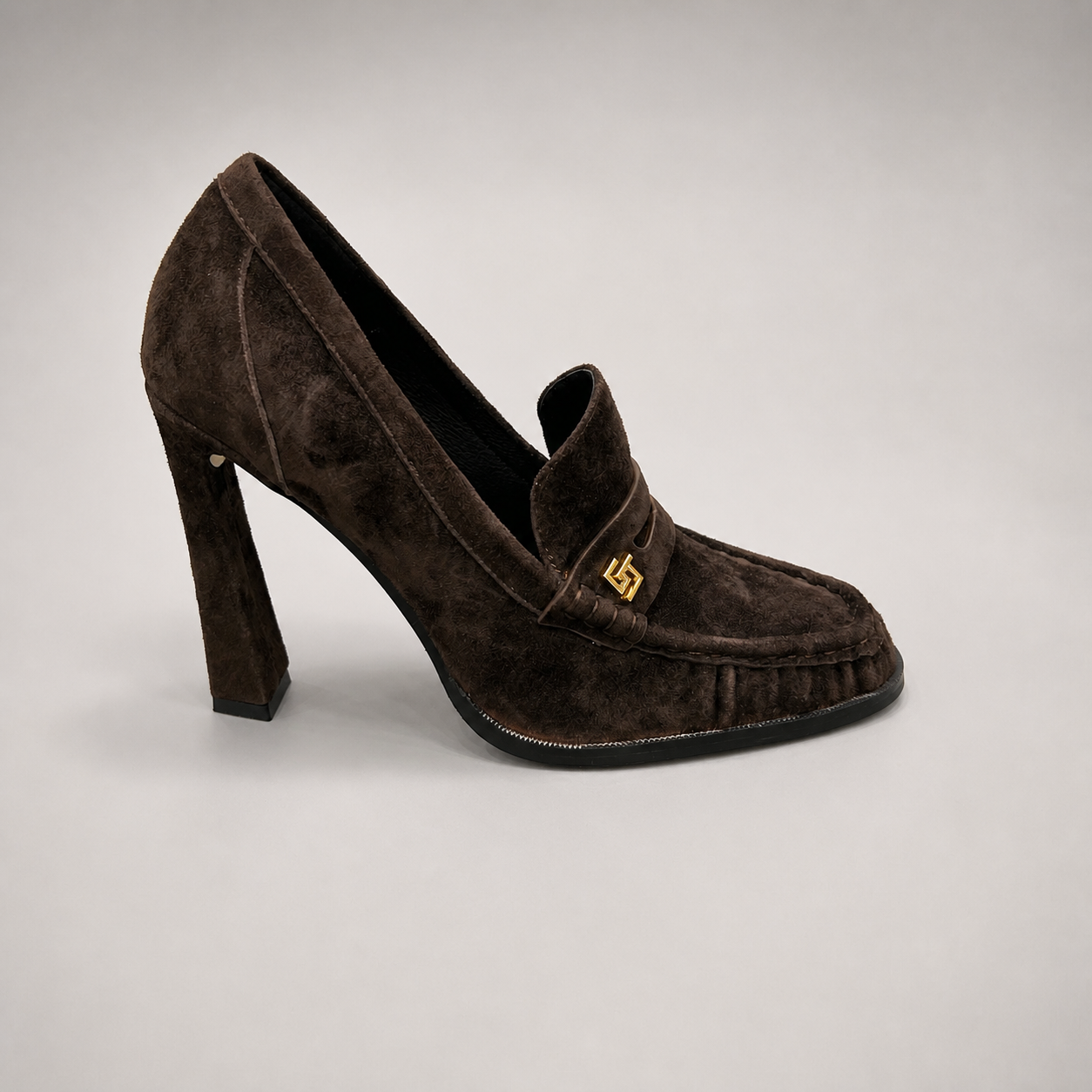 Dark Brown high-heeled loafer side profile showing a loafer-inspired vamp and block heel