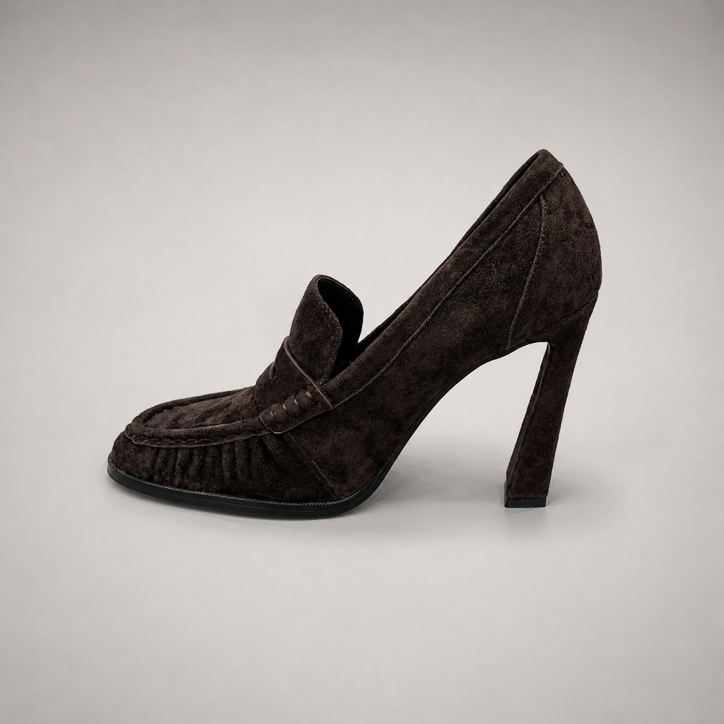 Dark Brown high-heeled loafer opposite side profile showing a loafer-inspired vamp and block heel