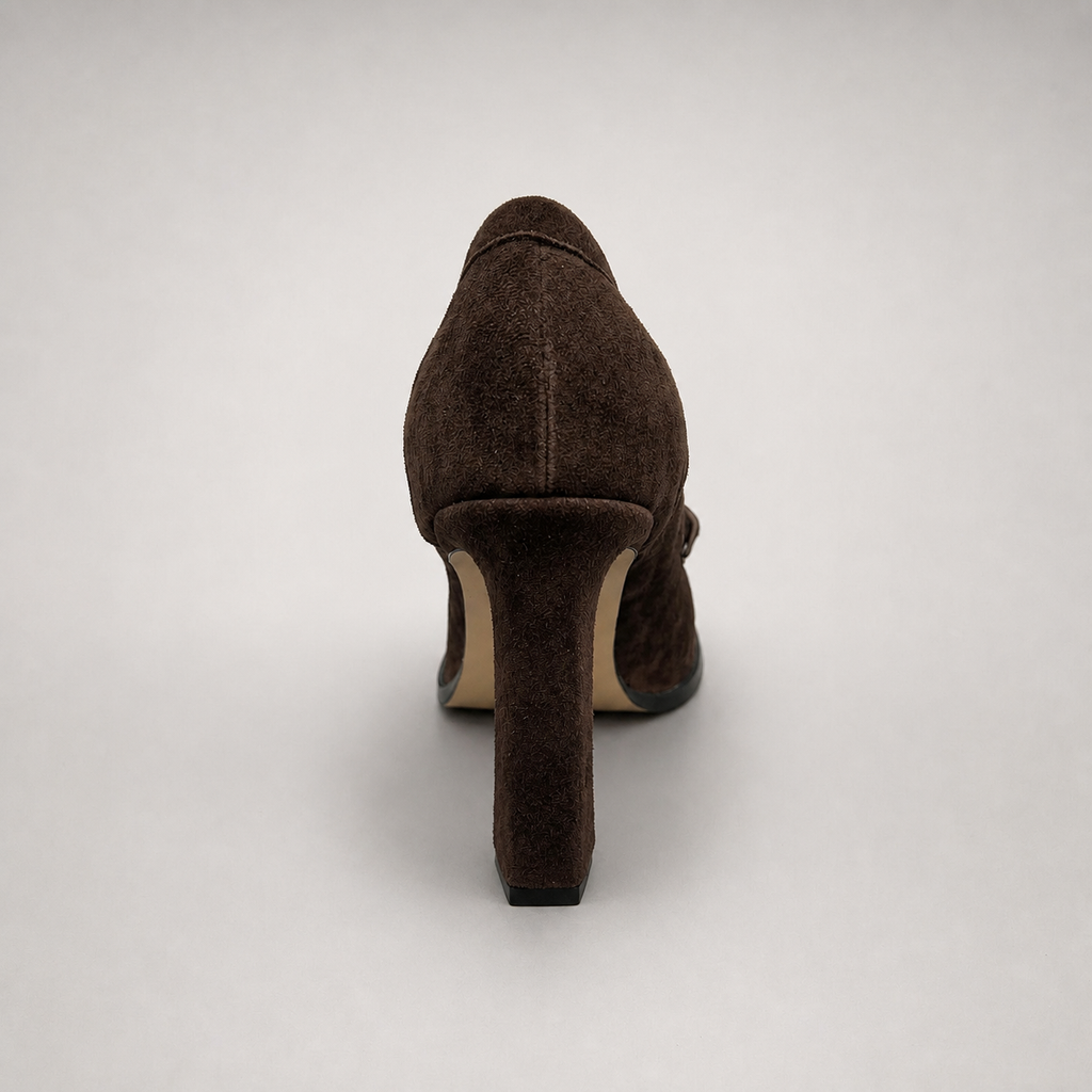 Dark Brown high-heeled loafer outsole view showing the cow leather outsole