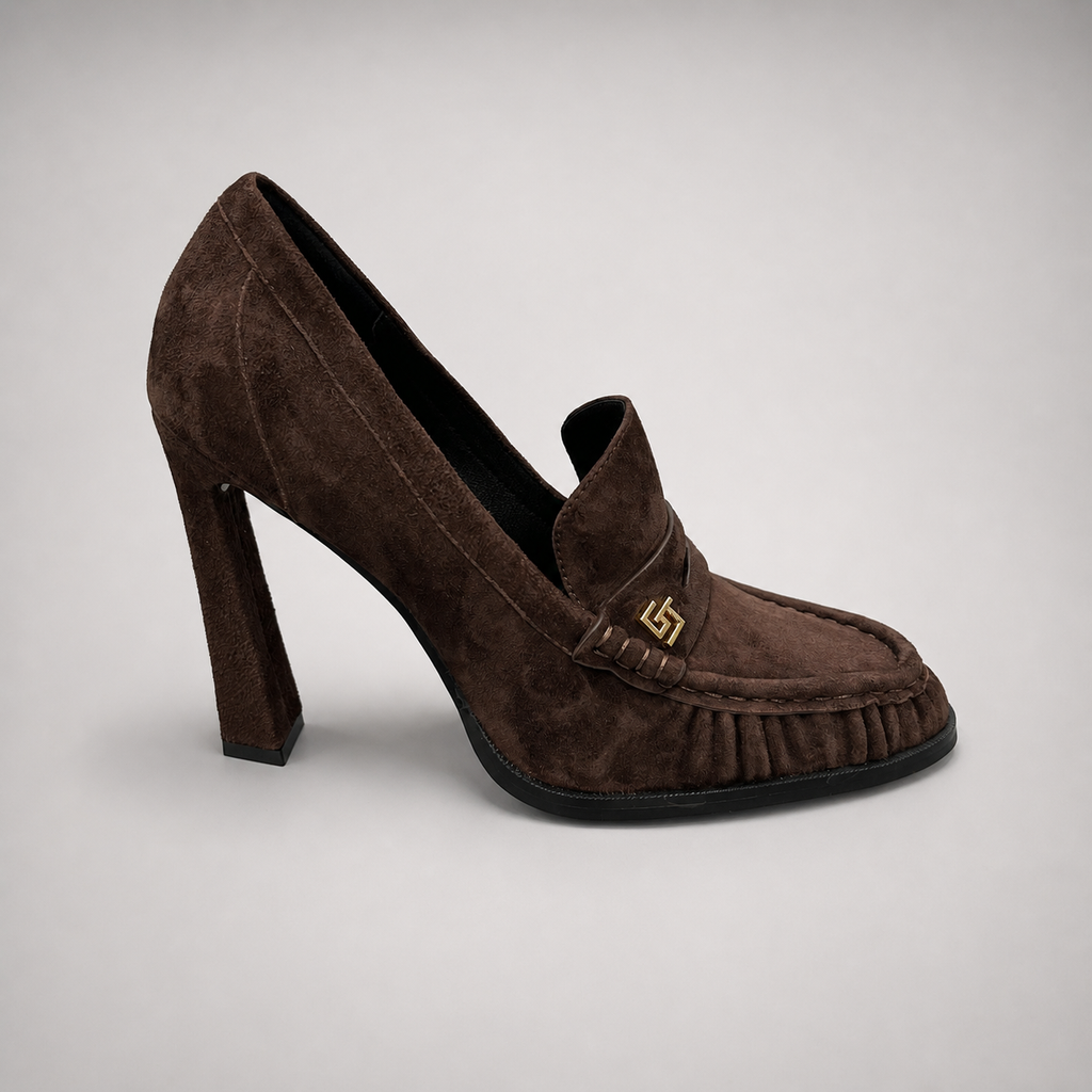Brown high-heeled loafer side profile showing a loafer-inspired vamp and block heel