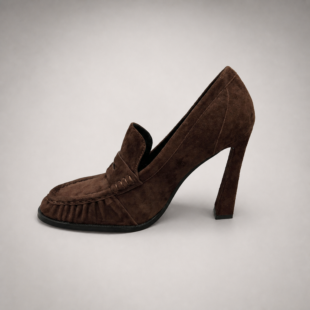 Brown high-heeled loafer opposite side profile showing a loafer-inspired vamp and block heel