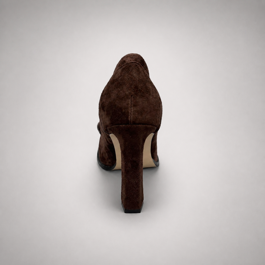 Brown high-heeled loafer rear view showing a loafer-inspired vamp and block heel