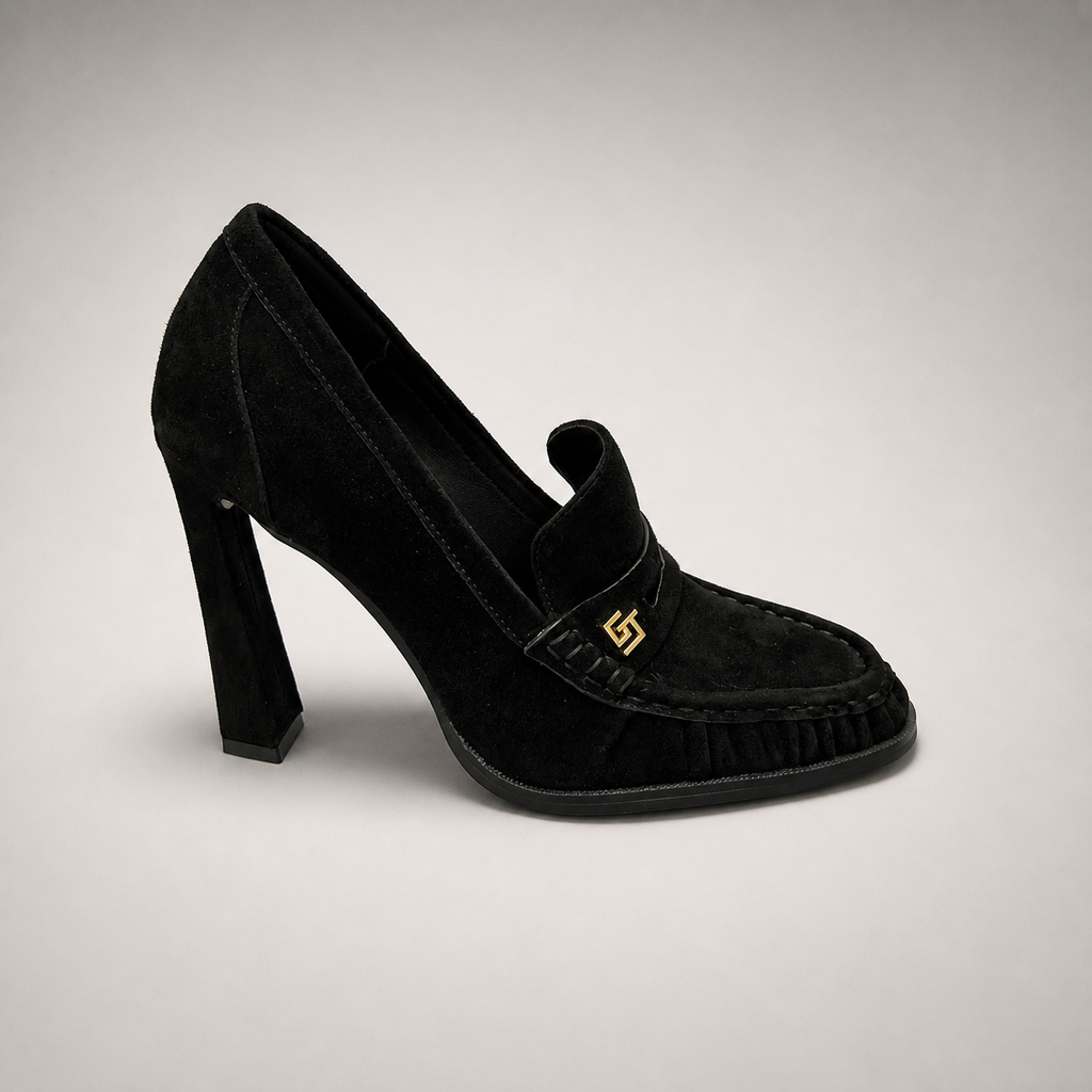 Black high-heeled loafer side profile showing a loafer-inspired vamp and block heel