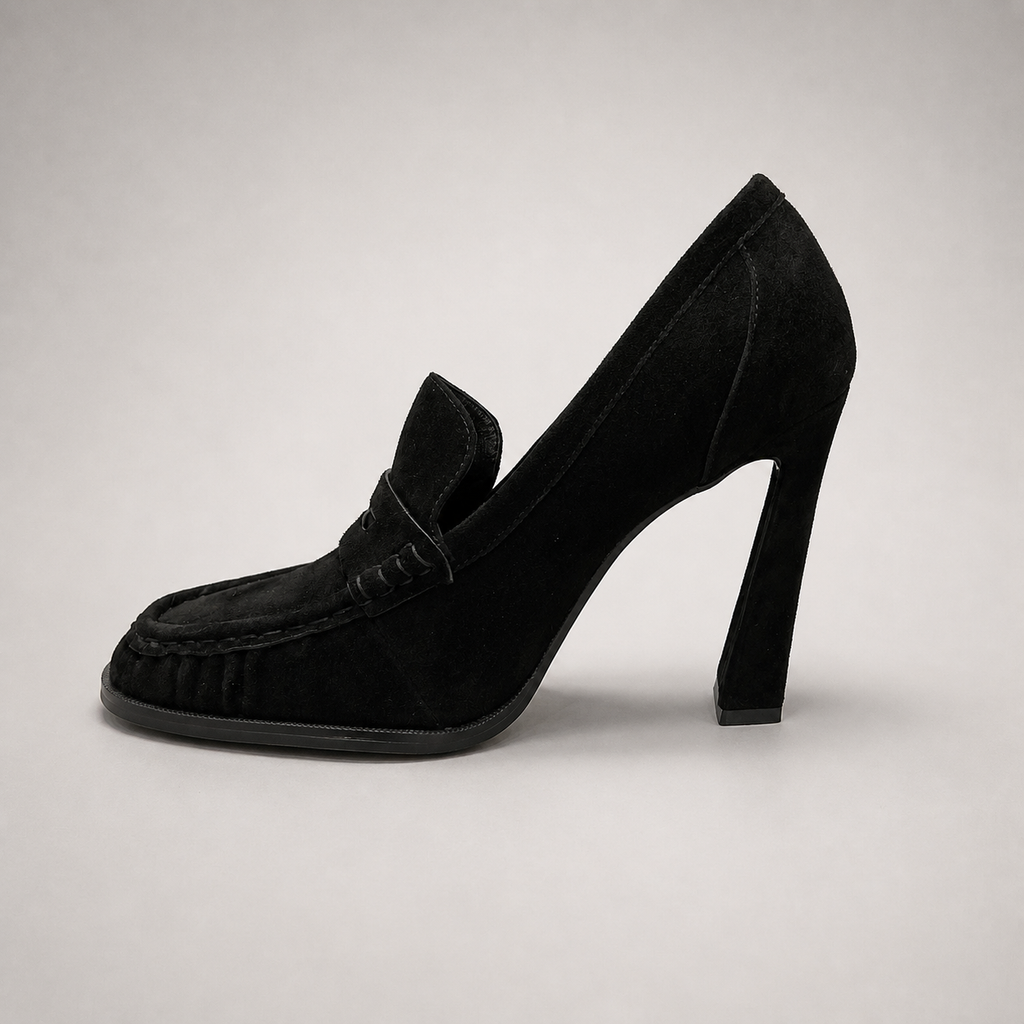 Black high-heeled loafer opposite side profile showing a loafer-inspired vamp and block heel