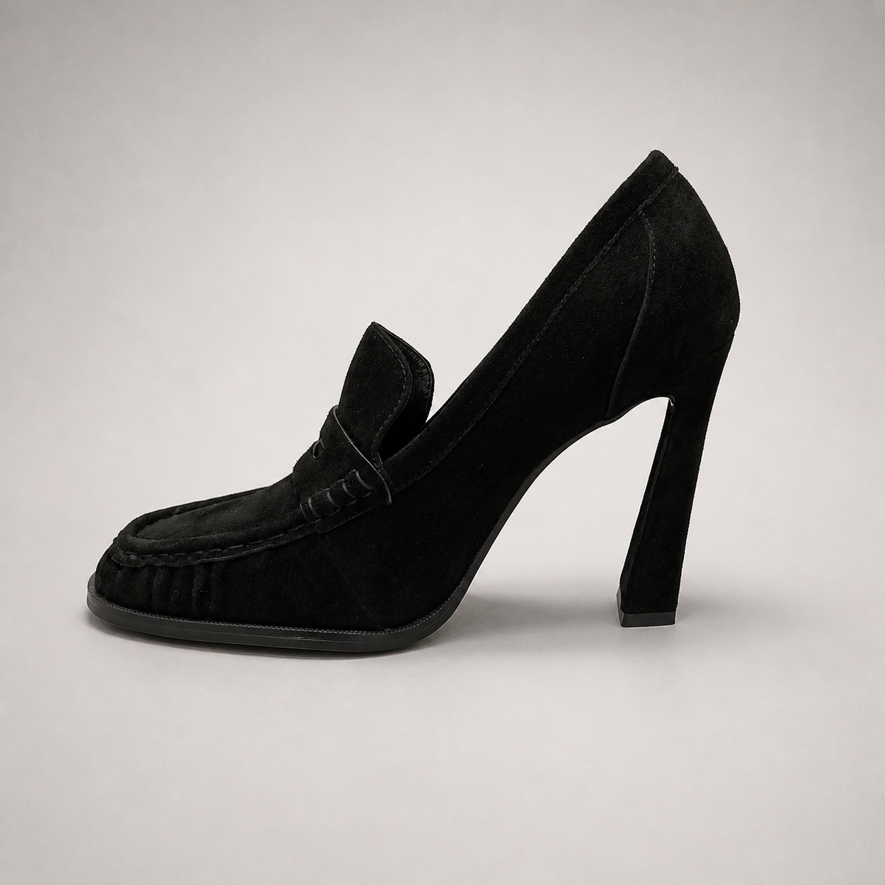 Black high-heeled loafer opposite side profile showing a loafer-inspired vamp and block heel
