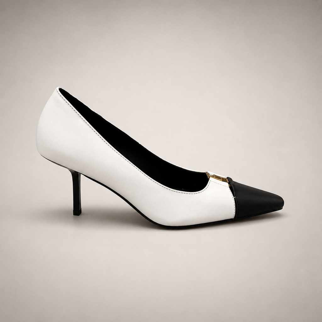 White pump side profile showing a square toe, slingback strap, and metal accent