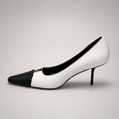 White pump opposite side profile showing a square toe, slingback strap, and metal accent