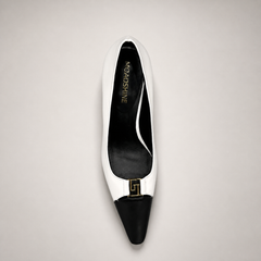 White pump top view showing a square toe, slingback strap, and metal accent