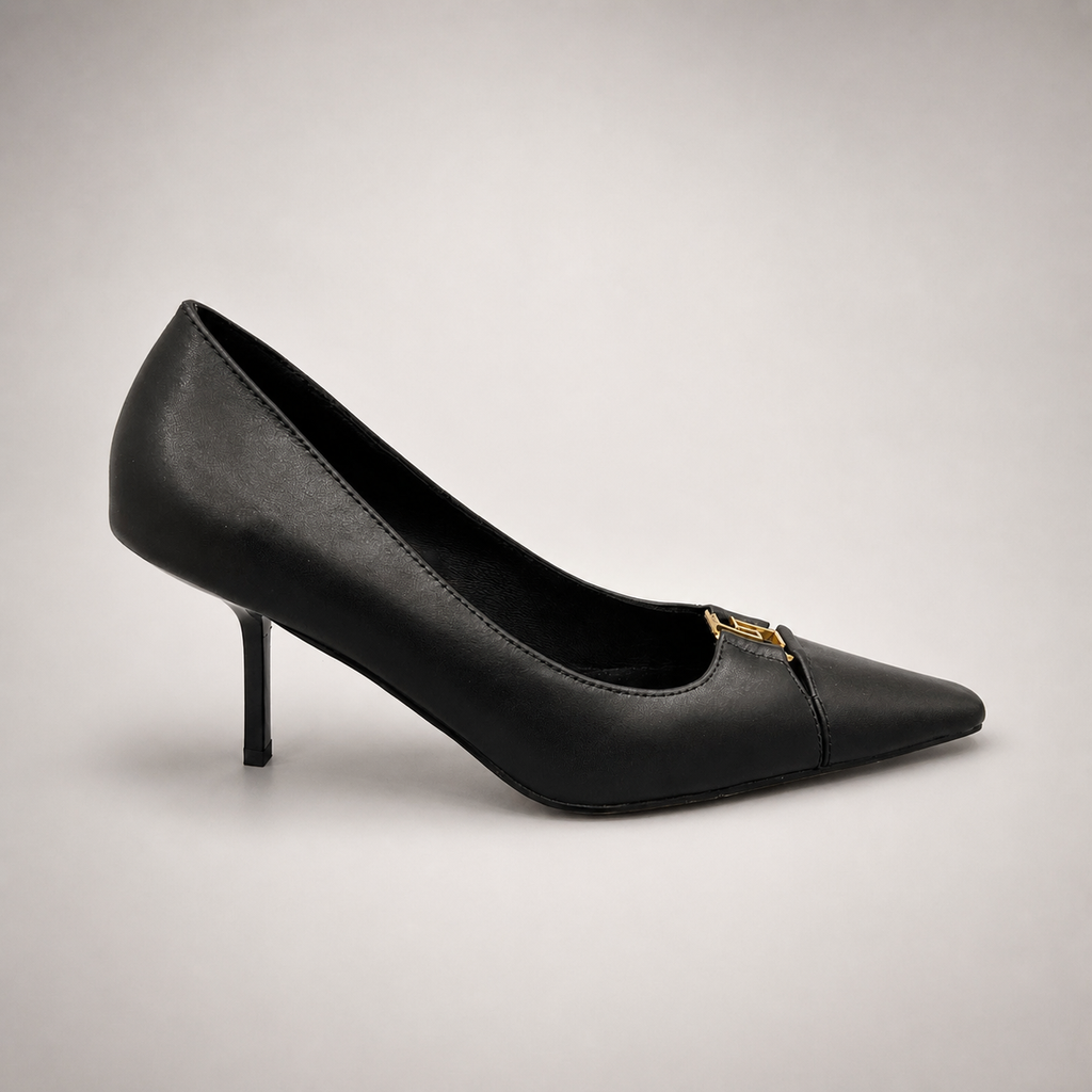 Black pump side profile showing a square toe, slingback strap, and metal accent