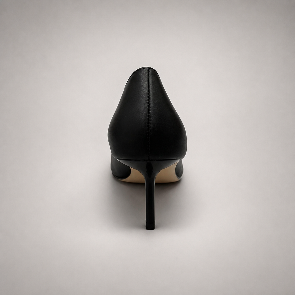 Black pump rear view showing a square toe, slingback strap, and metal accent