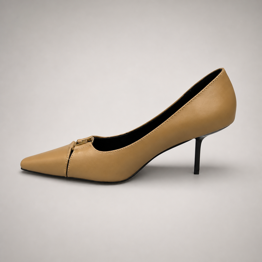 Tan pump side profile showing a square toe, slingback strap, and metal accent
