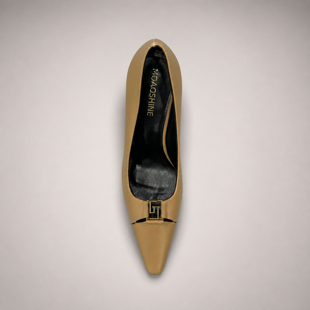 Tan pump top view showing a square toe, slingback strap, and metal accent