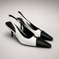 White slingback pump pair three-quarter view showing a square toe, slingback strap, and metal accent