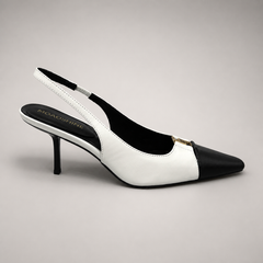 White slingback pump side profile showing a square toe, slingback strap, and metal accent