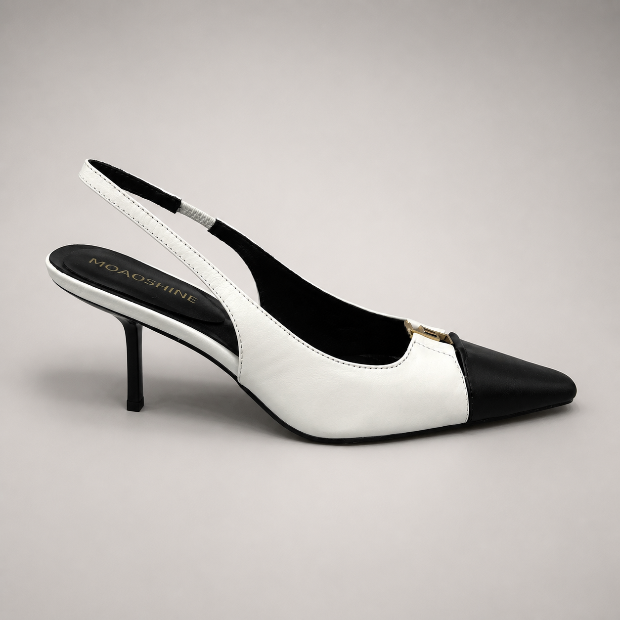 White slingback pump side profile showing a square toe, slingback strap, and metal accent