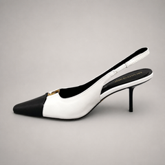 White slingback pump opposite side profile showing a square toe, slingback strap, and metal accent