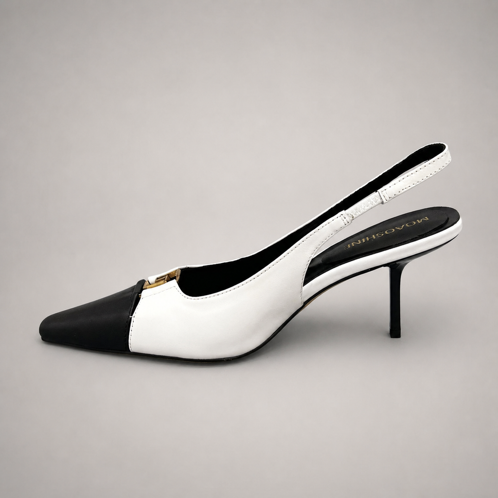 White slingback pump opposite side profile showing a square toe, slingback strap, and metal accent
