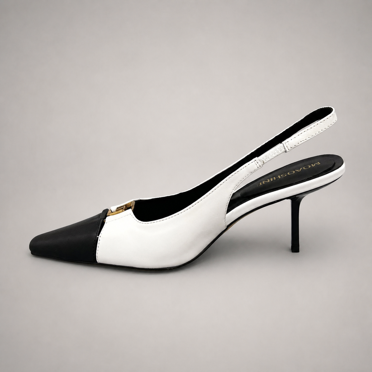 White slingback pump opposite side profile showing a square toe, slingback strap, and metal accent