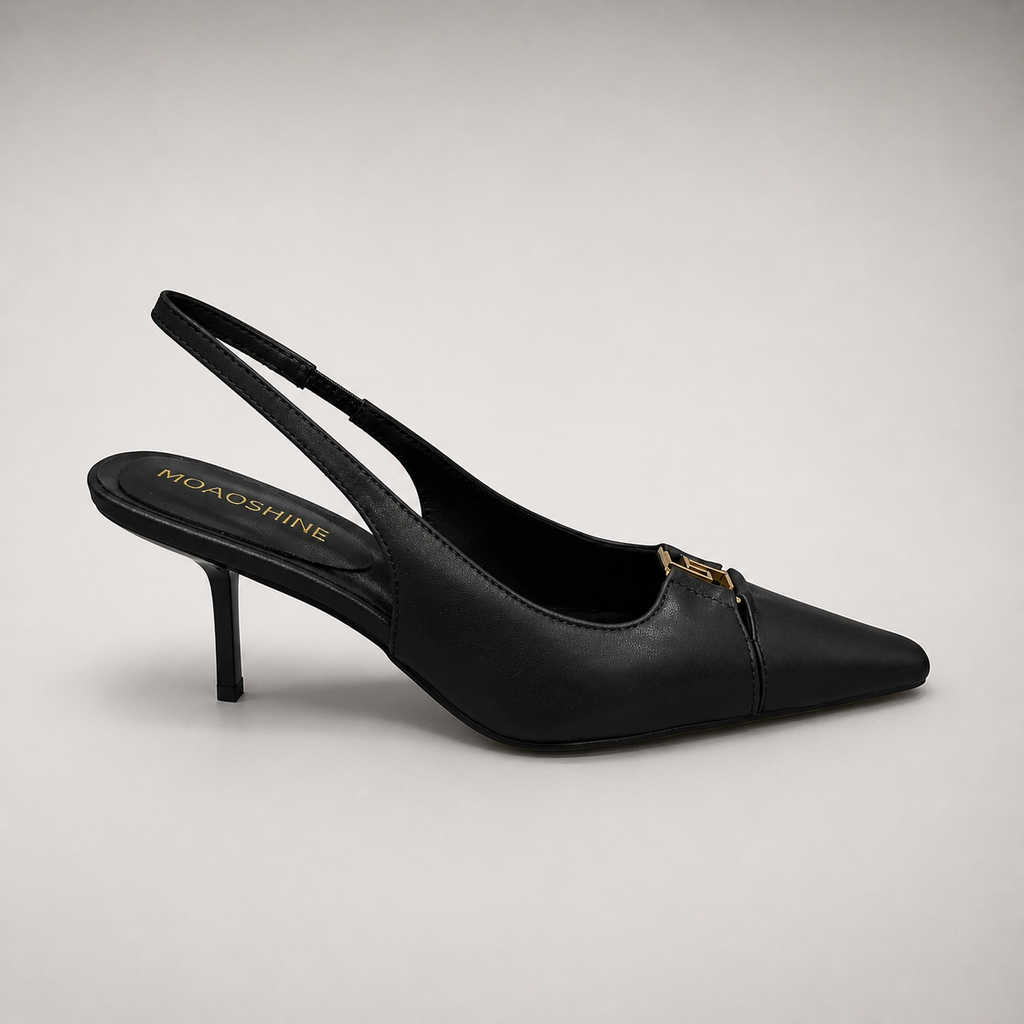 Black slingback pump side profile showing a square toe, slingback strap, and metal accent