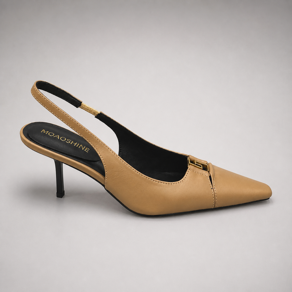 Tan slingback pump side profile showing a square toe, slingback strap, and metal accent