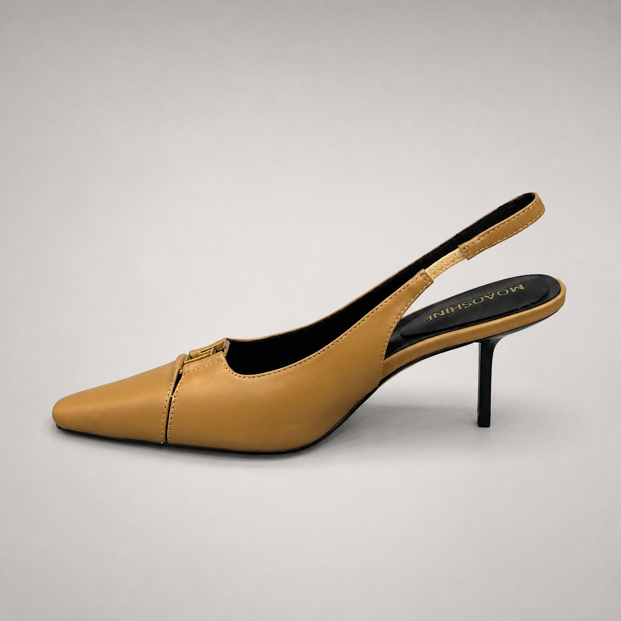 Tan slingback pump opposite side profile showing a square toe, slingback strap, and metal accent