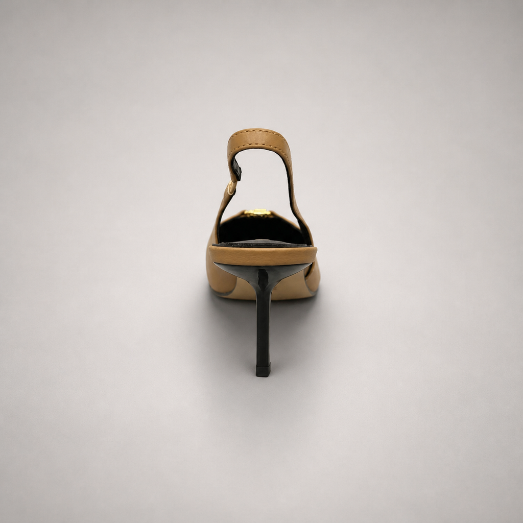 Tan slingback pump rear view showing a square toe, slingback strap, and metal accent