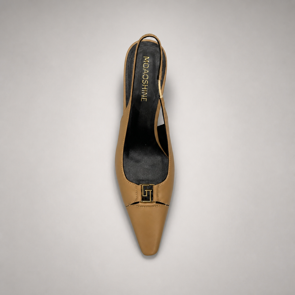 Tan slingback pump top view showing a square toe, slingback strap, and metal accent