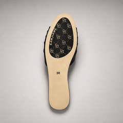 Black slide sandal outsole view showing the cow leather outsole