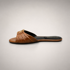Brown slide sandal opposite side profile showing a braided forefoot strap